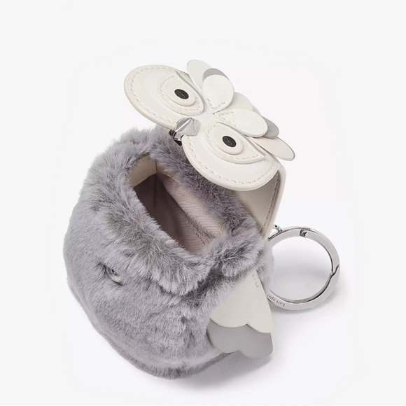Kate Spade Hoot 3D Owl Faux Fur Coin Purse Keychain Grey NWT - Picture 6 of 6